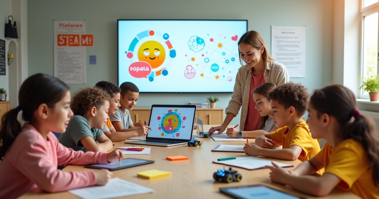 Sala de aula STEAM com alunos usando tecnologia e explorando emoções em colaboração 