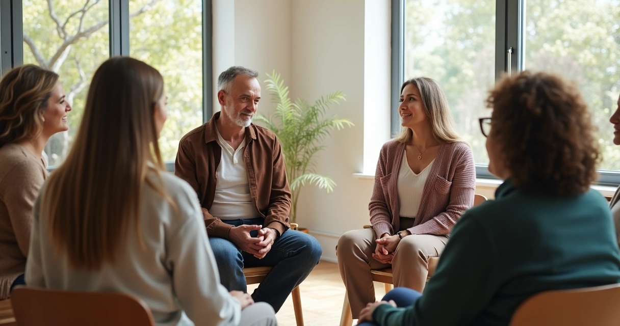 Grupo de diferentes pessoas praticando diálogo consciente em roda 