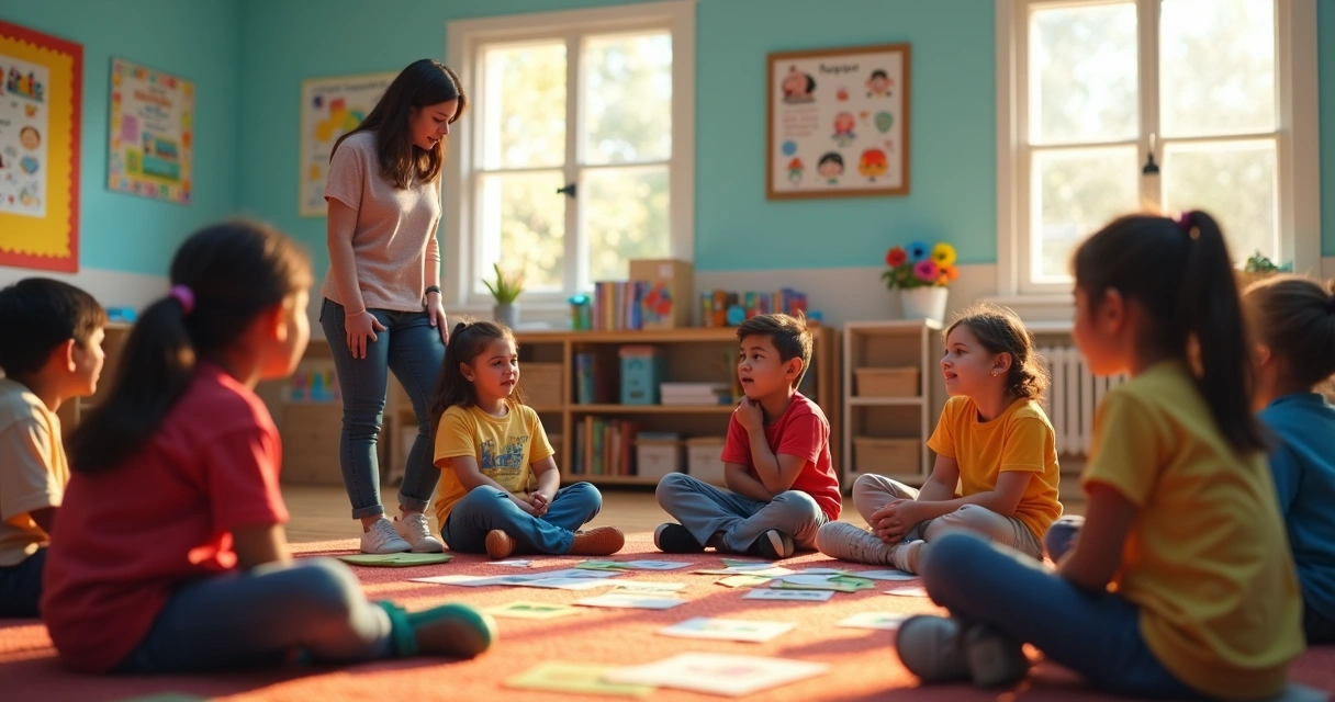 Alunos sentados em sala de aula participando de atividade de educação emocional 
