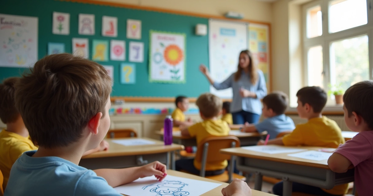 Crianças em sala de aula escutando professora sobre emoções 