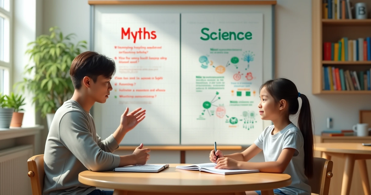 Adulto e criança em sala de aula dividida entre mitos e verdades sobre emoções 