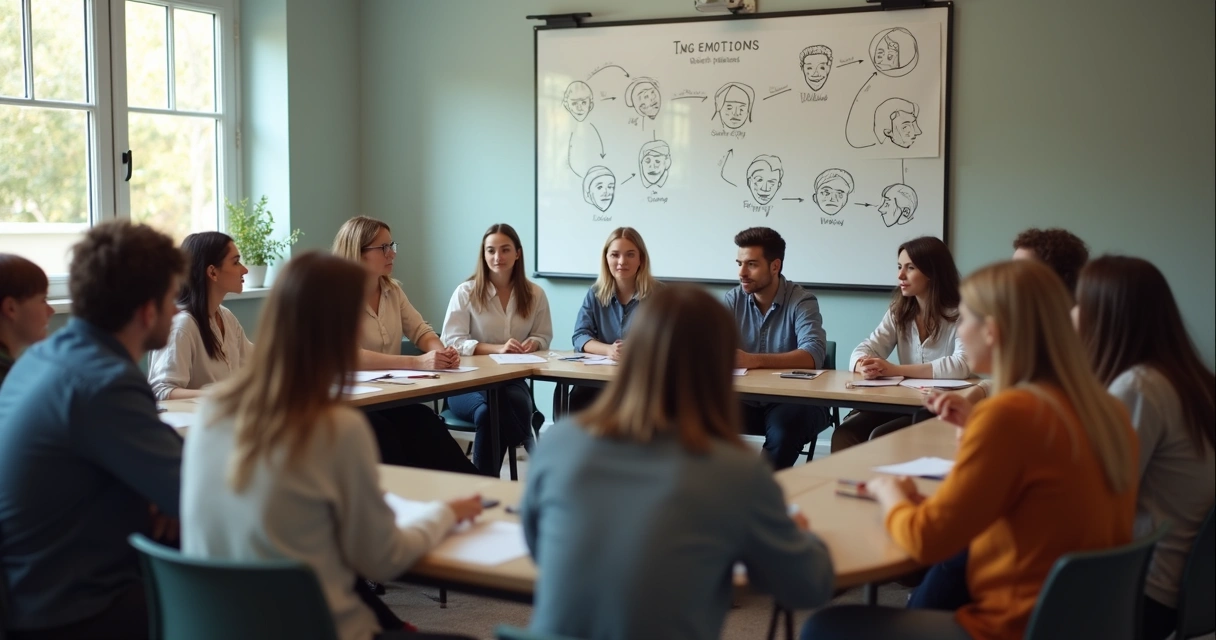 Grupo aprendendo sobre emoções em roda de conversa 