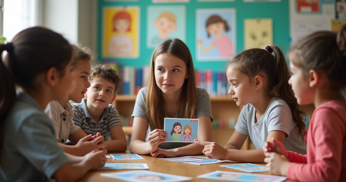 Professor conversando com alunos em sala de aula sobre emoções 