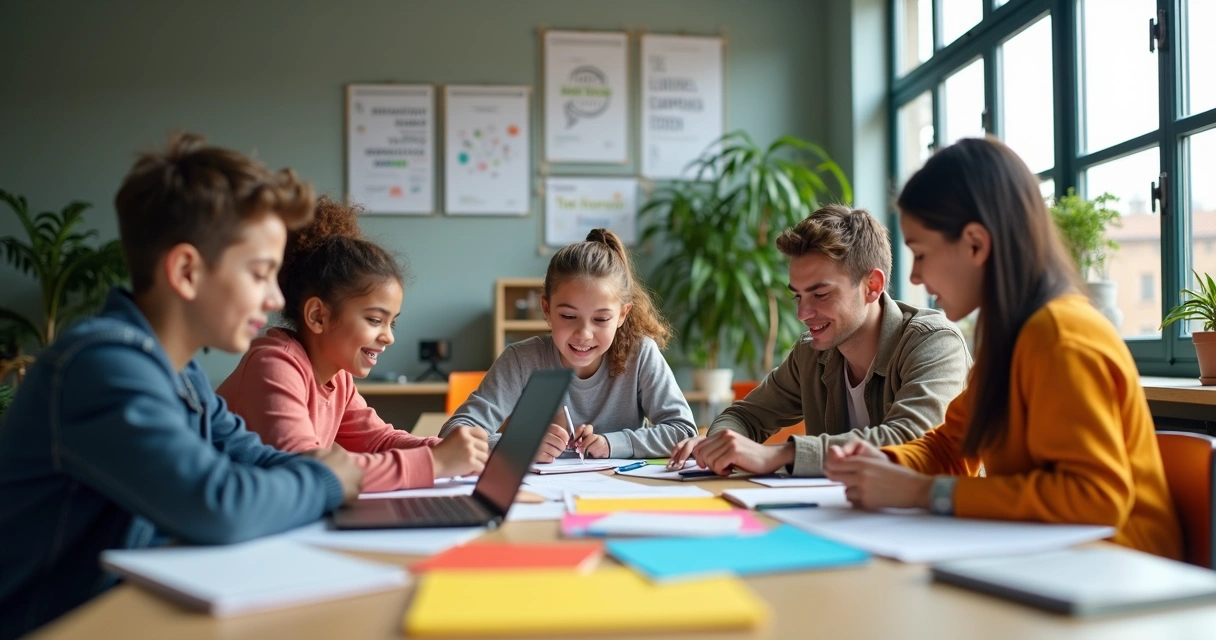 Sala de aula moderna com jovens alunos colaborando em projeto de empreendedorismo com laptops e material didático 