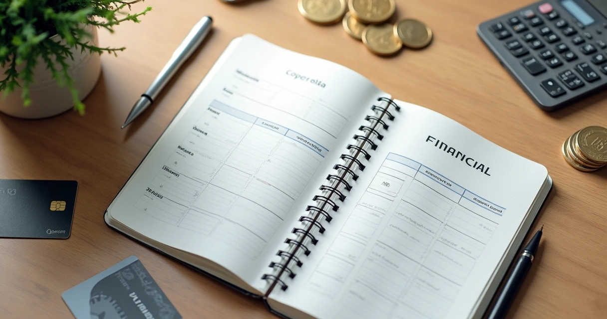 Caderno com controle financeiro ao lado de cartão de crédito e caneta 