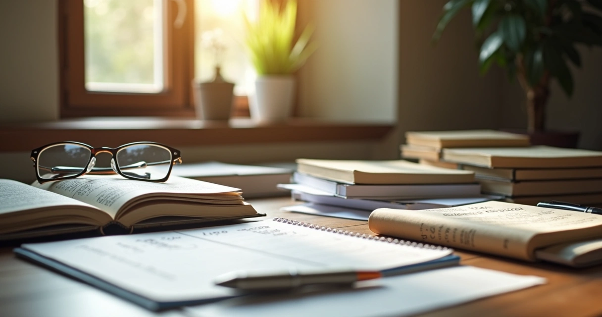 Mesa com livros de finanças e cadernos de anotações 
