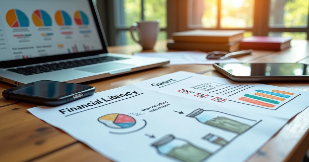 Conjunto de materiais digitais e dispositivos exibindo gráficos e planilhas de finanças pessoais 