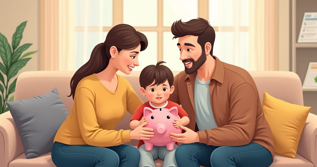 Pais com filho e cofrinho, sentados no sofá e sorrindo 