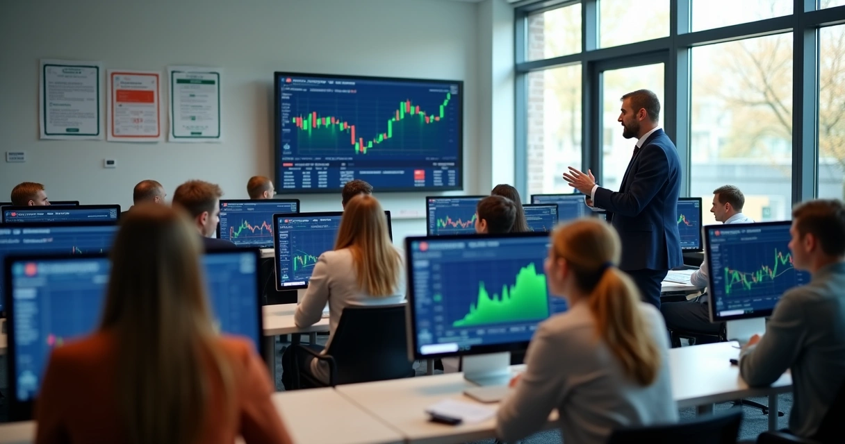 Turma de alunos aprendendo sobre home broker com instrutor 