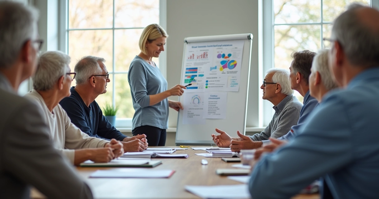 Grupo de idosos em sala iluminada, atentos a palestra sobre finanças 
