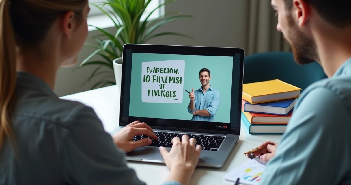Duas pessoas assistindo vídeo aula de finanças com notebook 