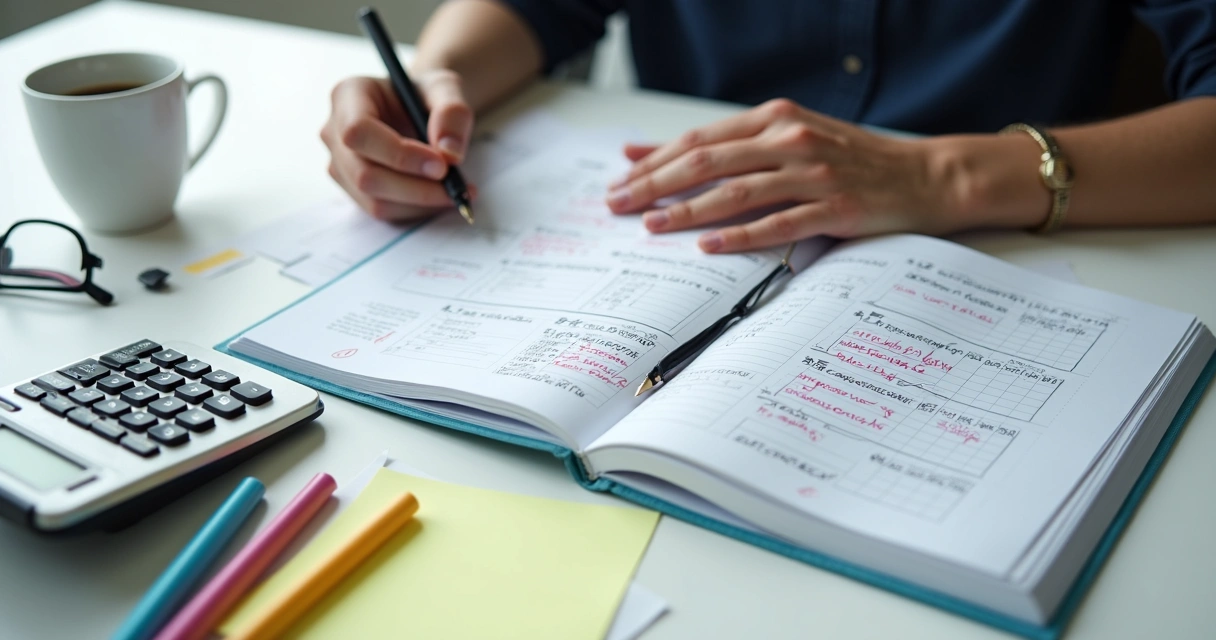 Pessoa estudando educação financeira com anotações e calculadora. 