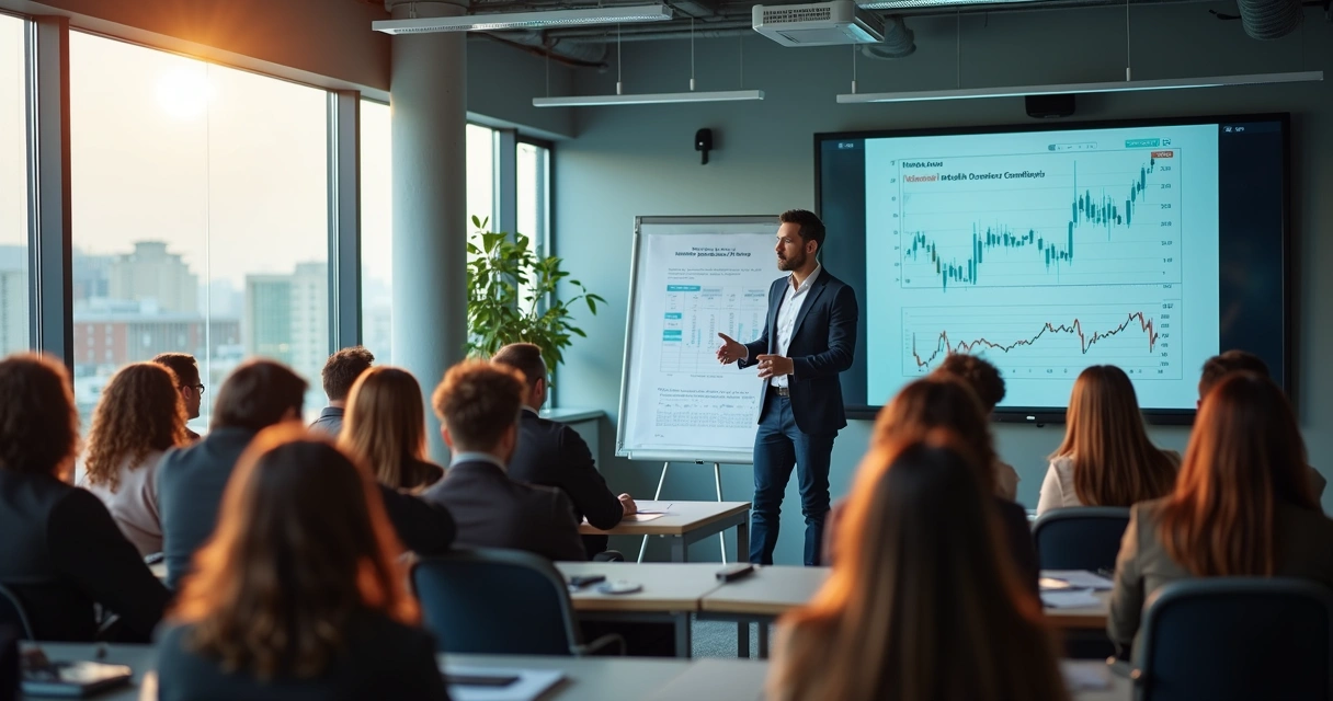 Instrutor ensinando sobre investimentos para grupo de adultos atentos 