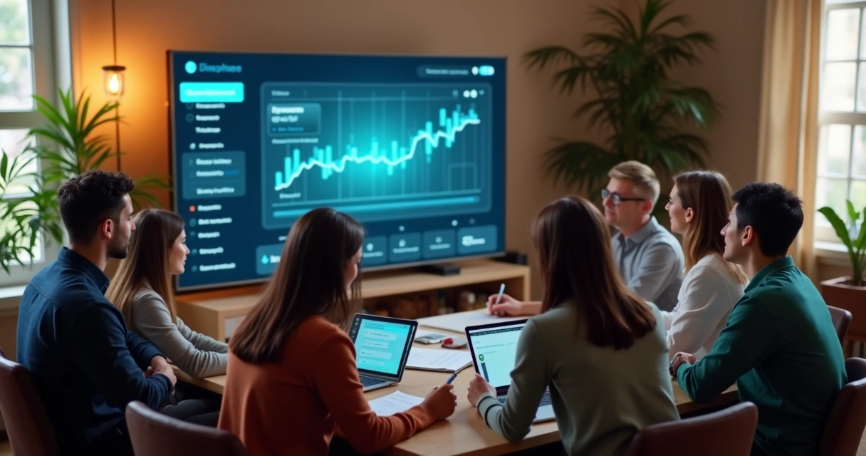 Grupo de pessoas aprendendo educação financeira em um workshop digital