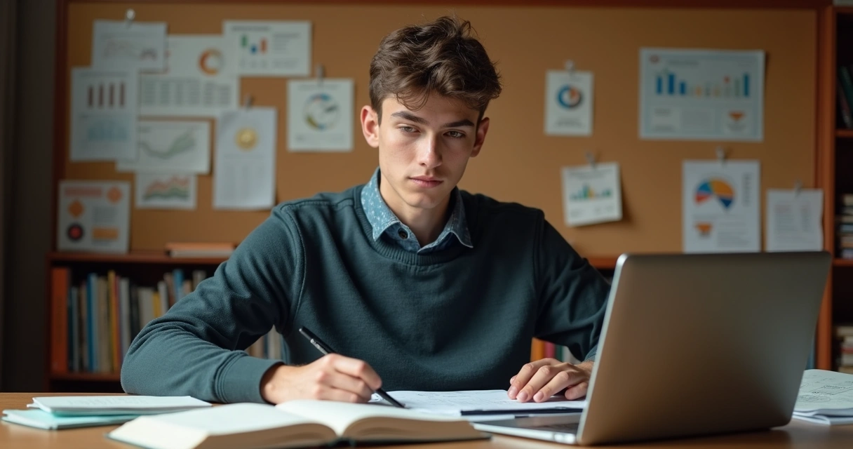 Jovem estudando investimento em stablecoins com livros e computador 