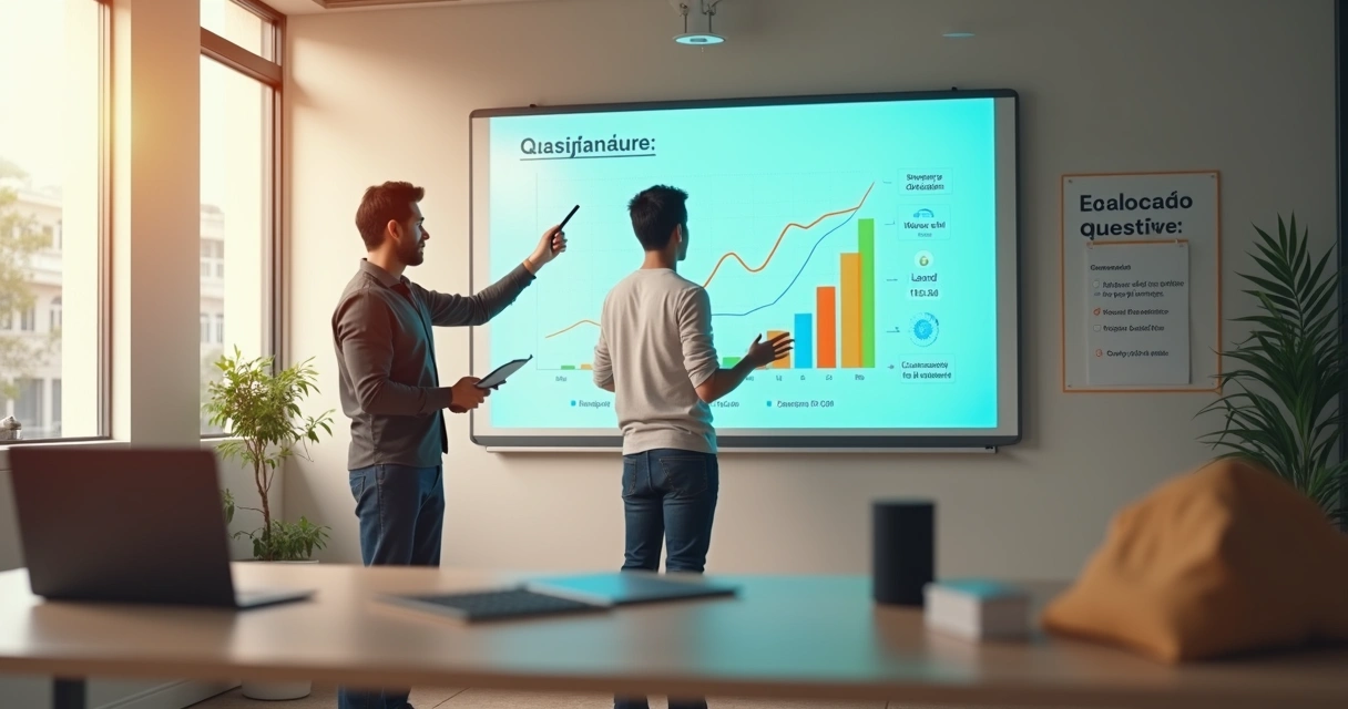 Gestor observa jovem empreendedor aprendendo finanças em painel digital interativo 