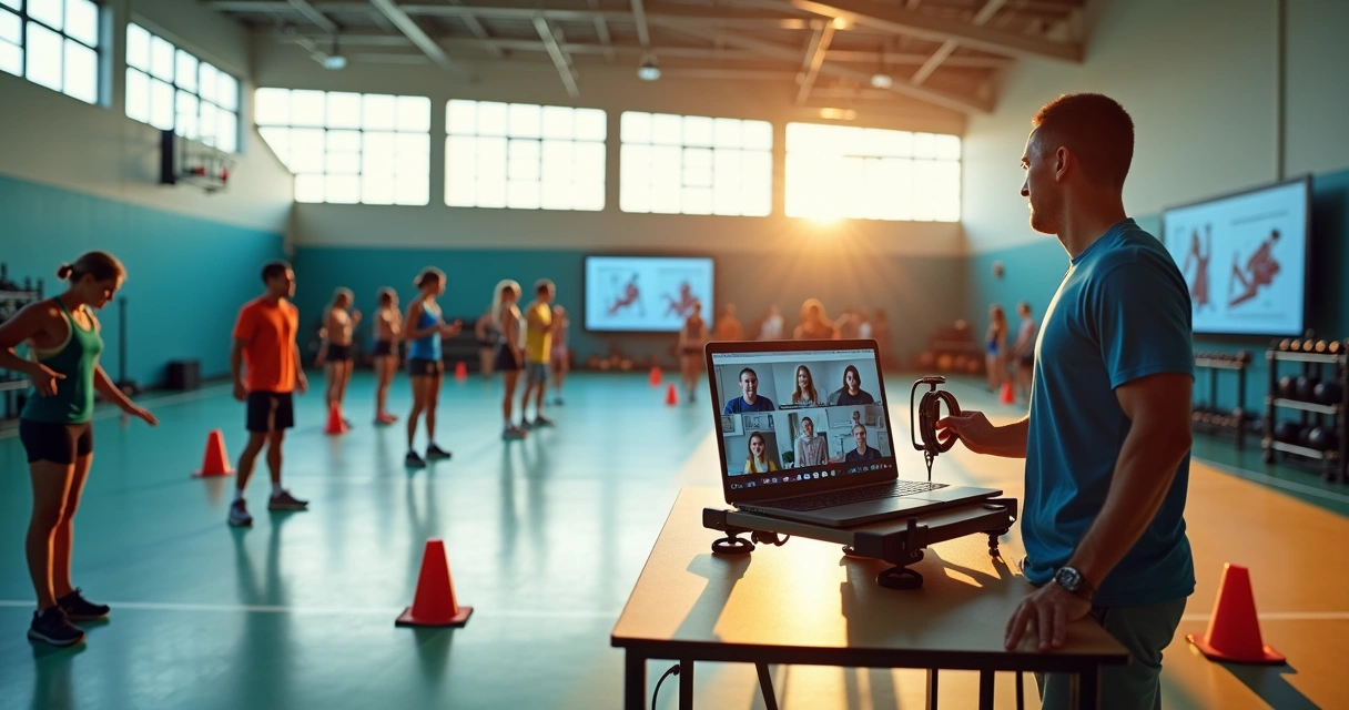 Grupo de estudantes de educação física em treino prático com professor em salão esportivo com câmeras e notebook 
