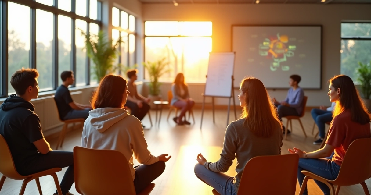 Professor conduzindo jovens em círculo em sala de aula iluminada e moderna 