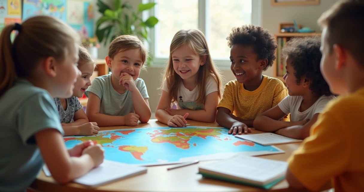 Crianças diversas aprendendo juntas em sala de aula com mapa mundi 