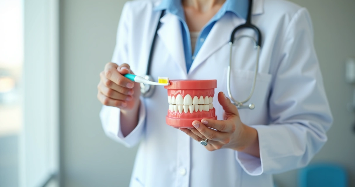 Profissional mostra escovação correta com dentifrício em manequim