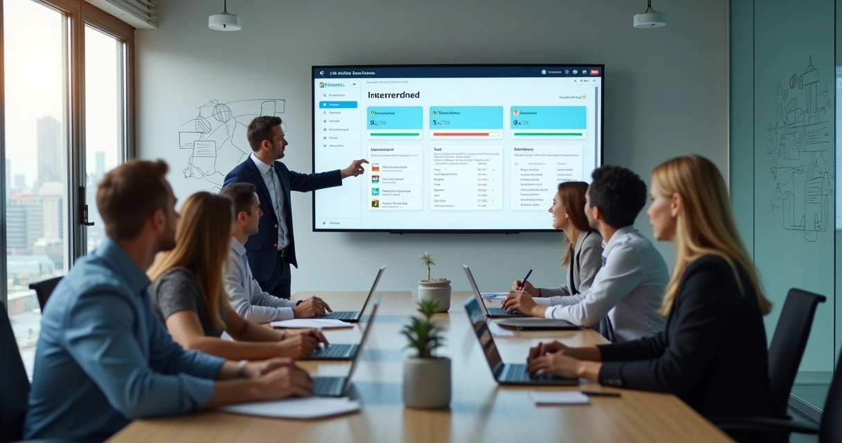 Colaboradores em sala de reunião assistindo treinamento corporativo em tela grande 