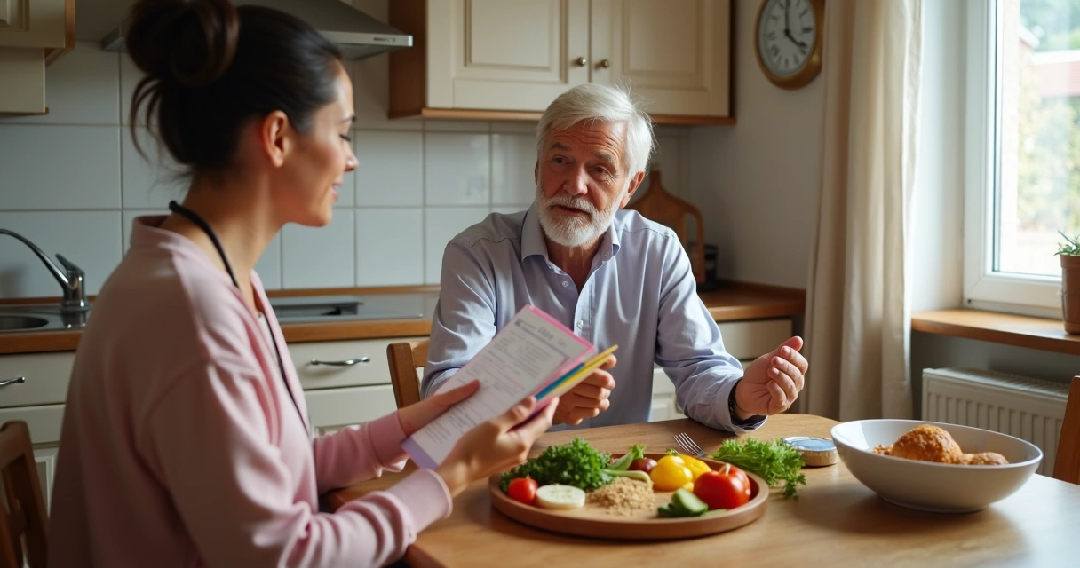 Orientação nutricional a paciente em casa, com folder e alimentos à mesa 