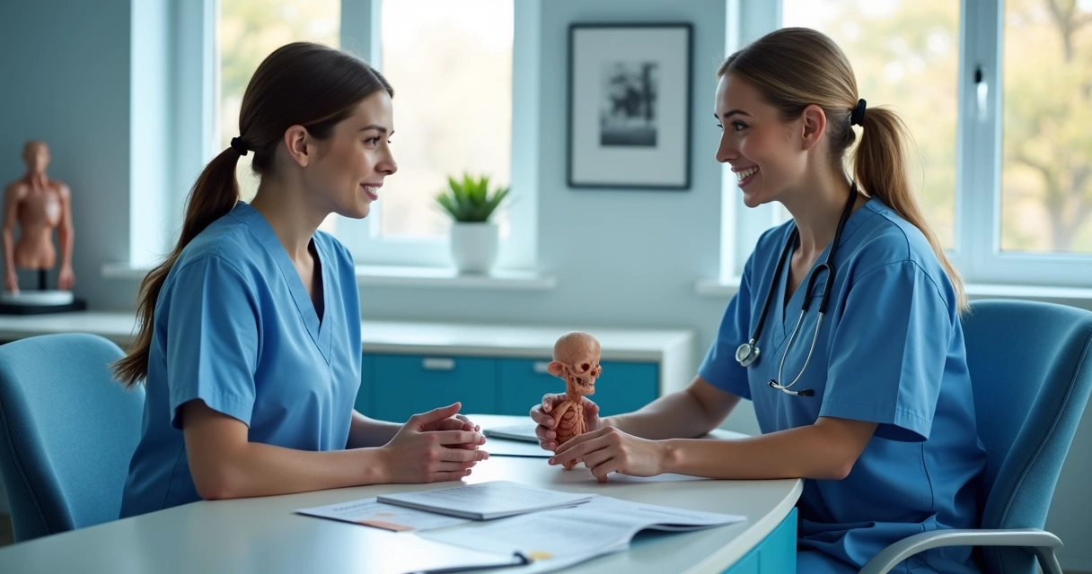 Paciente recebendo orientação de saúde em clínica azul moderna 