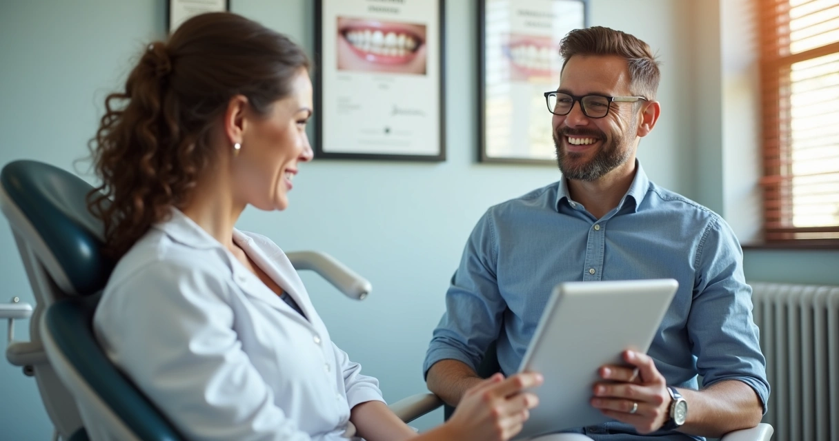 Dentista explicando facetas a paciente com sorriso no consultório 