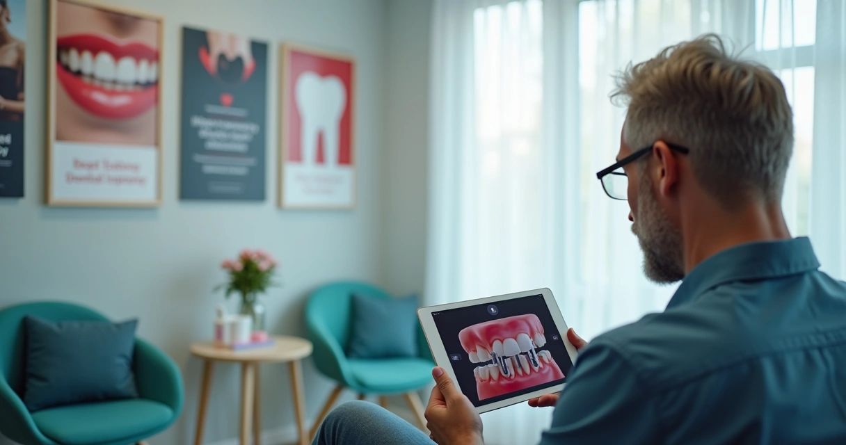 Paciente assistindo conteúdo educativo sobre implante dentário no tablet 