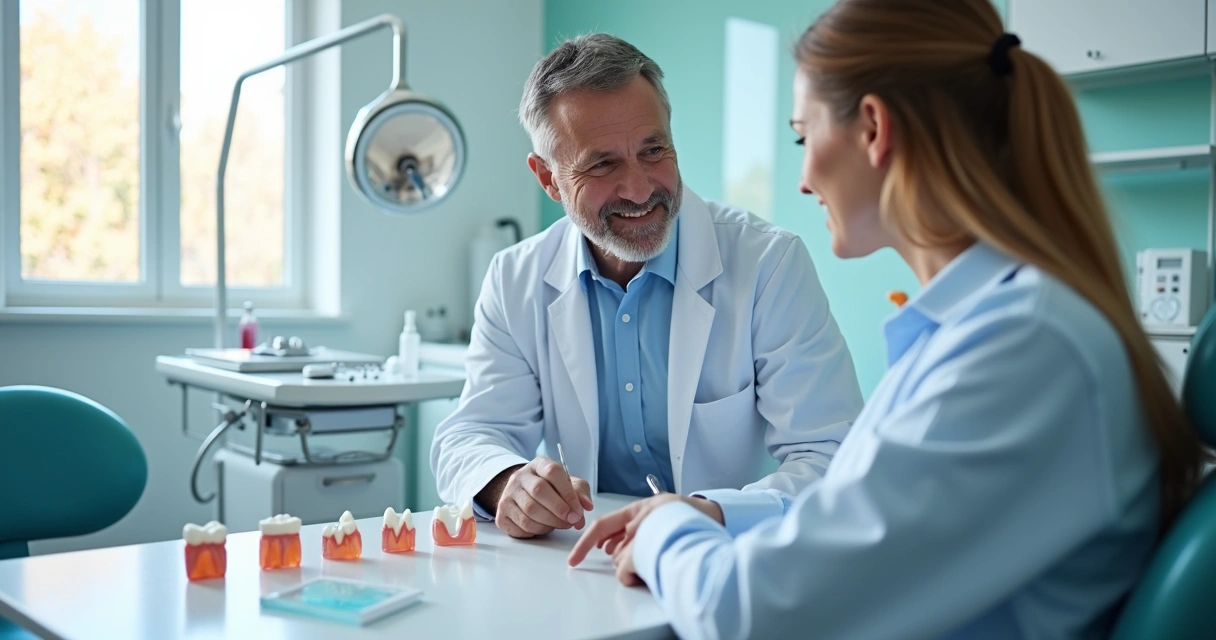 Dentista apresentando materiais de lentes dentais em mesa consultiva