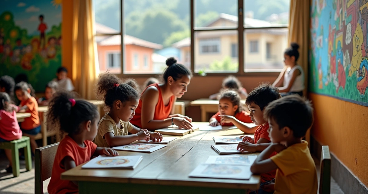Crianças estudando em sala de aula interativa e colorida em comunidade brasileira 