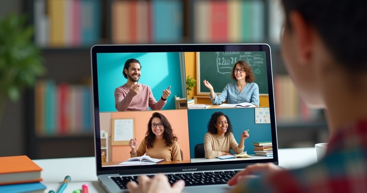 Mentora online conduzindo aula em grupo com alunos via videoconferência