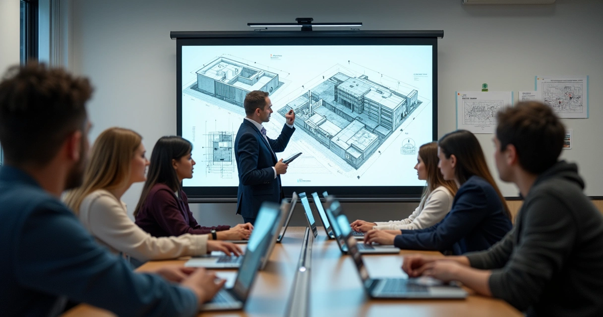 Sala de aula universitária com alunos aprendendo sobre projetos digitais de arquitetura 