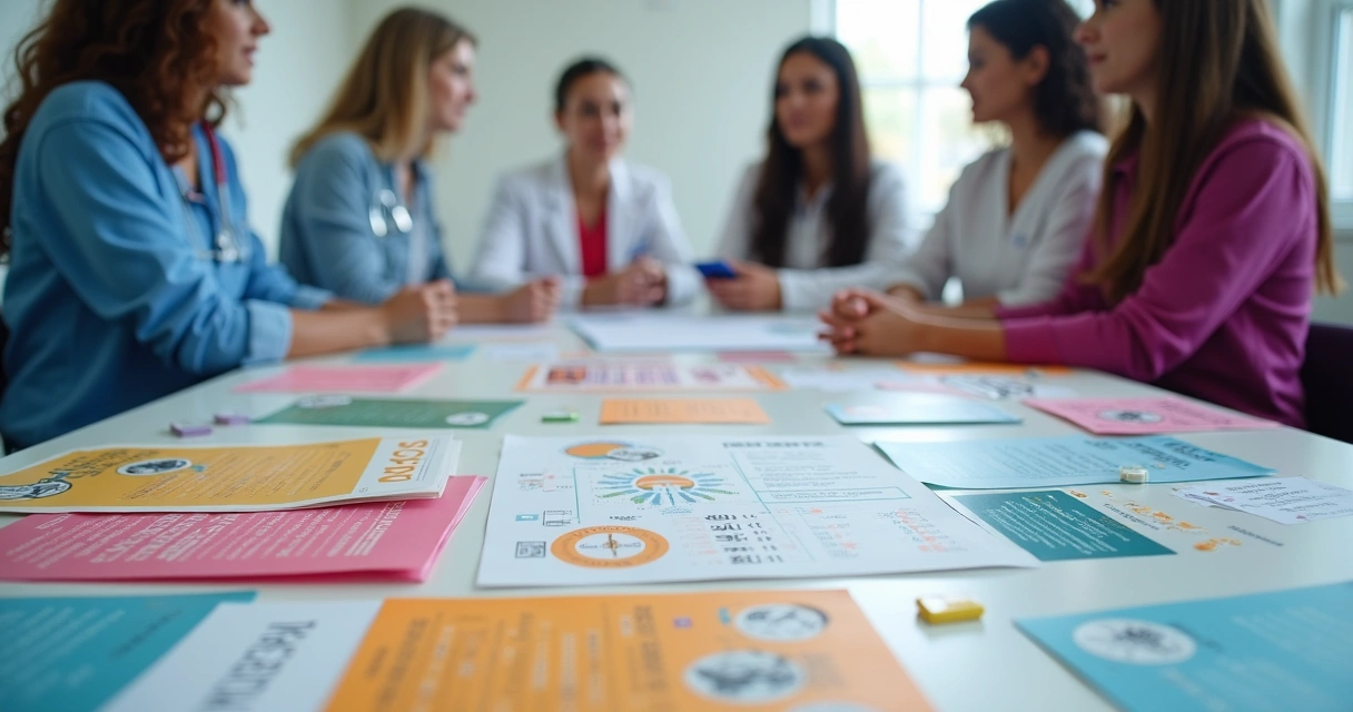 Material de educação sexual e prevenção sobre ISTs em mesa, com preservativos, folders e exames em ambiente de saúde coletiva.