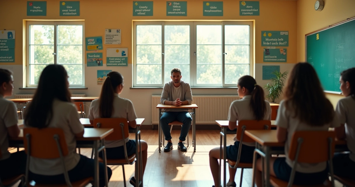 Alunos e professora em roda discutindo situações do cotidiano escolar 