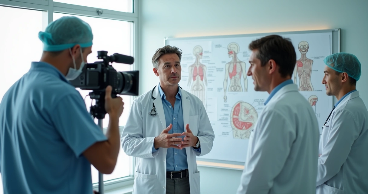 Equipe médica gravando vídeo educativo em clínica 