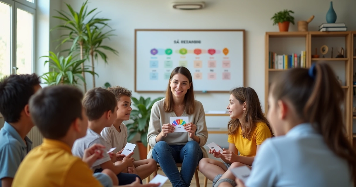 Professora mediando roda de conversa emocional com alunos em sala de aula 
