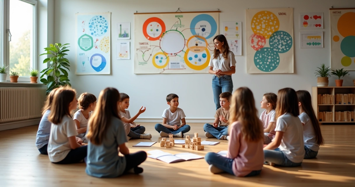 Professor conduz círculo de crianças em sala de aula com elementos de aprendizagem sistêmica 
