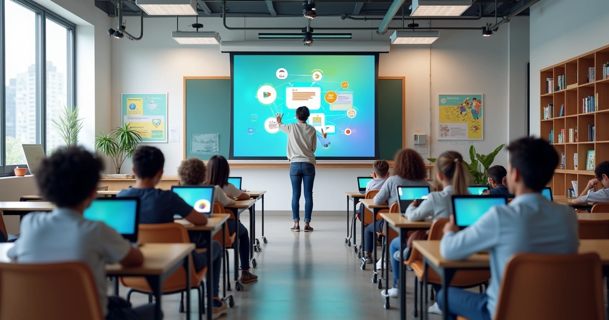 Sala de aula moderna com alunos usando tablets e laptops integrados a uma plataforma digital interativa na tela do professor 