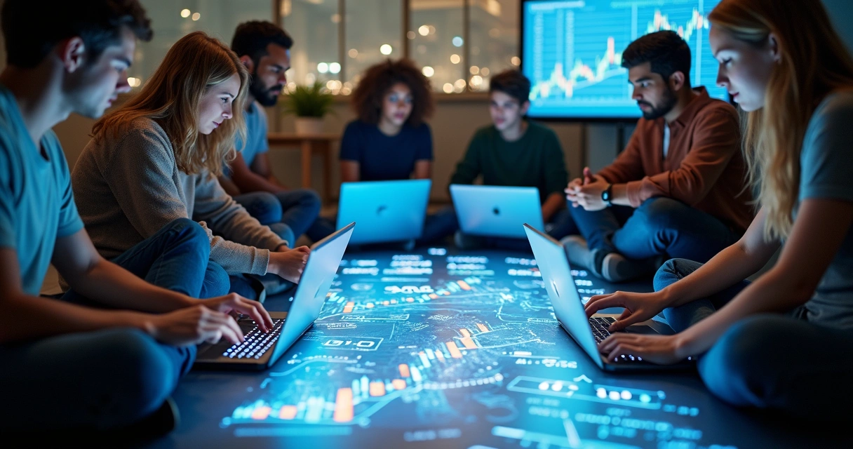 Jovens sentados em roda com notebooks aprendendo sobre trading quantitativo, gráficos no chão 