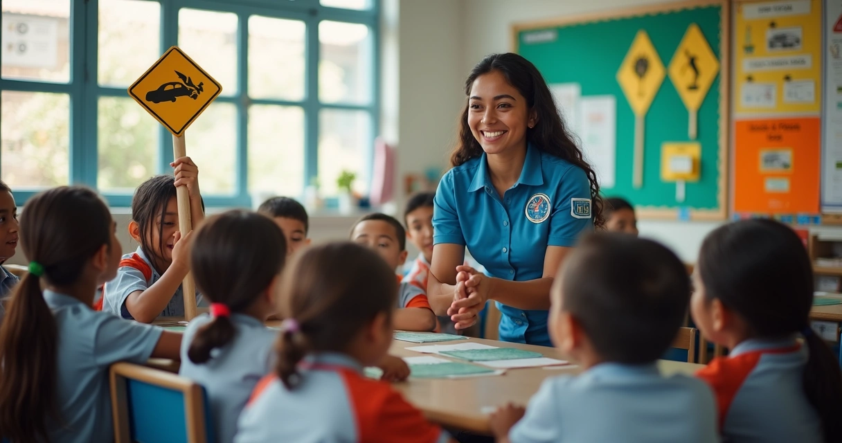 Campanha educativa de trânsito em escola de Natal com agente e crianças 