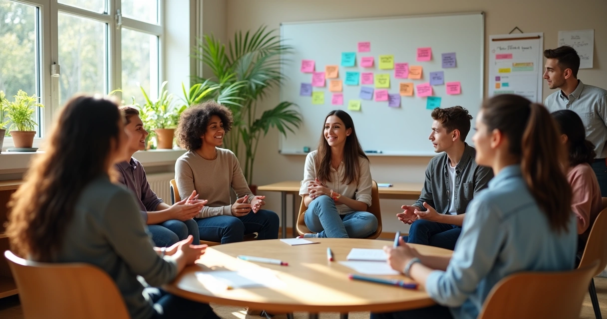 Jovens e educadores em círculo em sala de aula colaborativa 