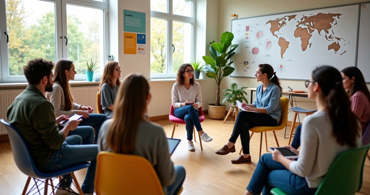 Professora mediando roda de alunos em sala moderna e acolhedora 