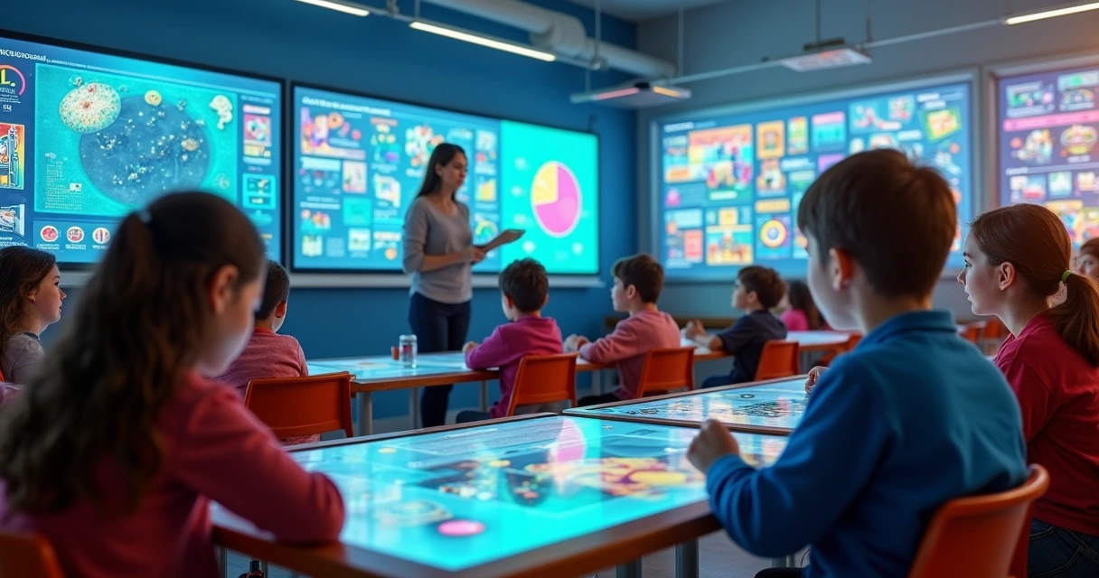 Crianças e adolescentes explorando conceitos de alfabetização visual em sala digital 