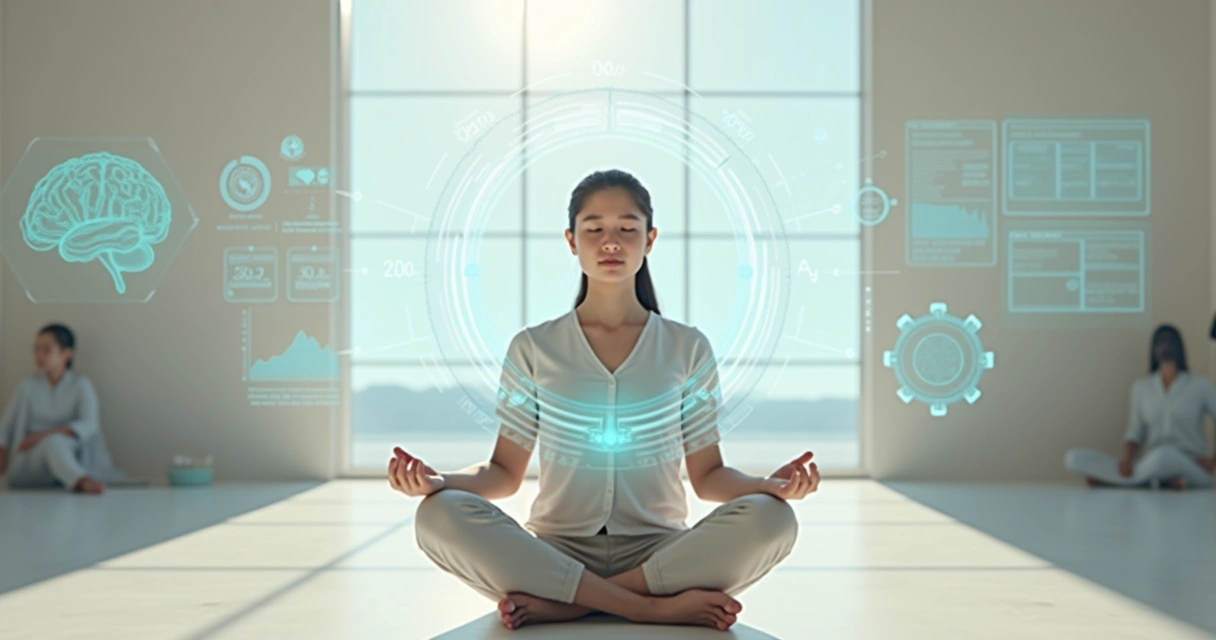 Persona meditando frente a interfaz digital futurista sobre consciencia y mente 