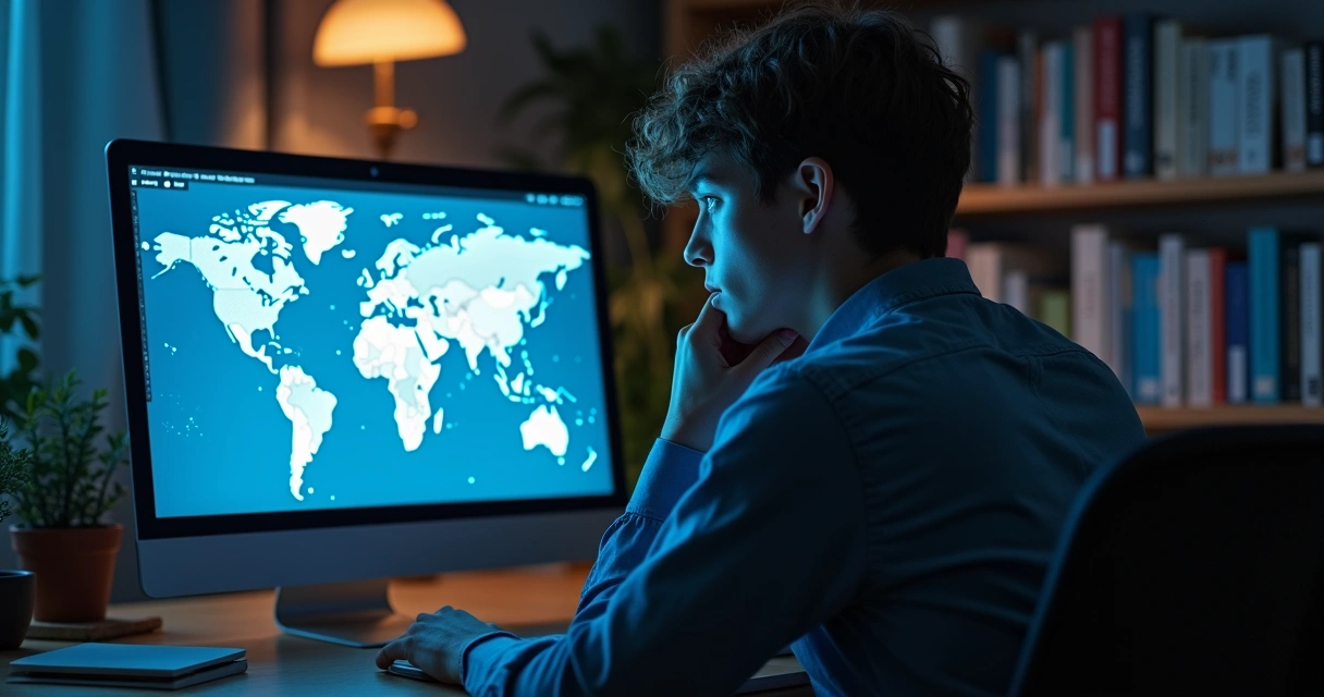 Persona reflexiva frente a computadora encendida 