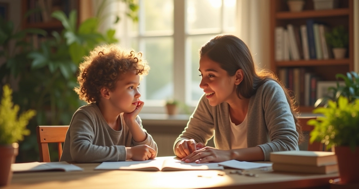 Adulto y niño hablando sobre dinero en una mesa con libros y plantas 
