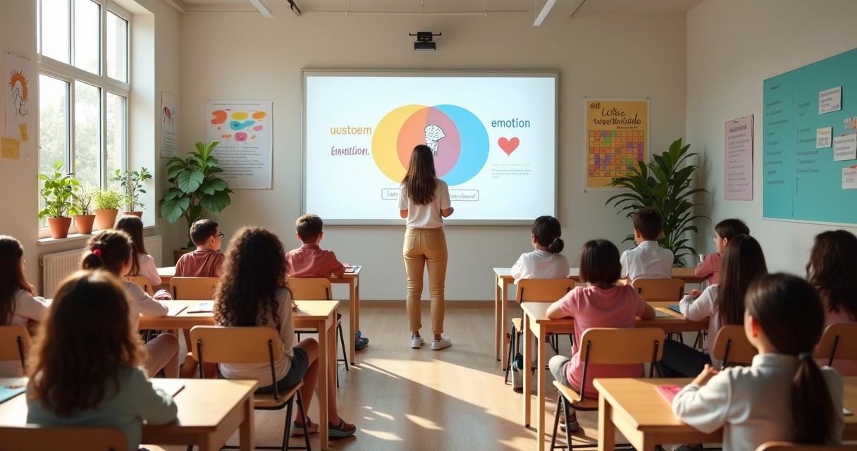 Aula escolar con profesora guiando ejercicio de educación emocional con estudiantes de primaria 