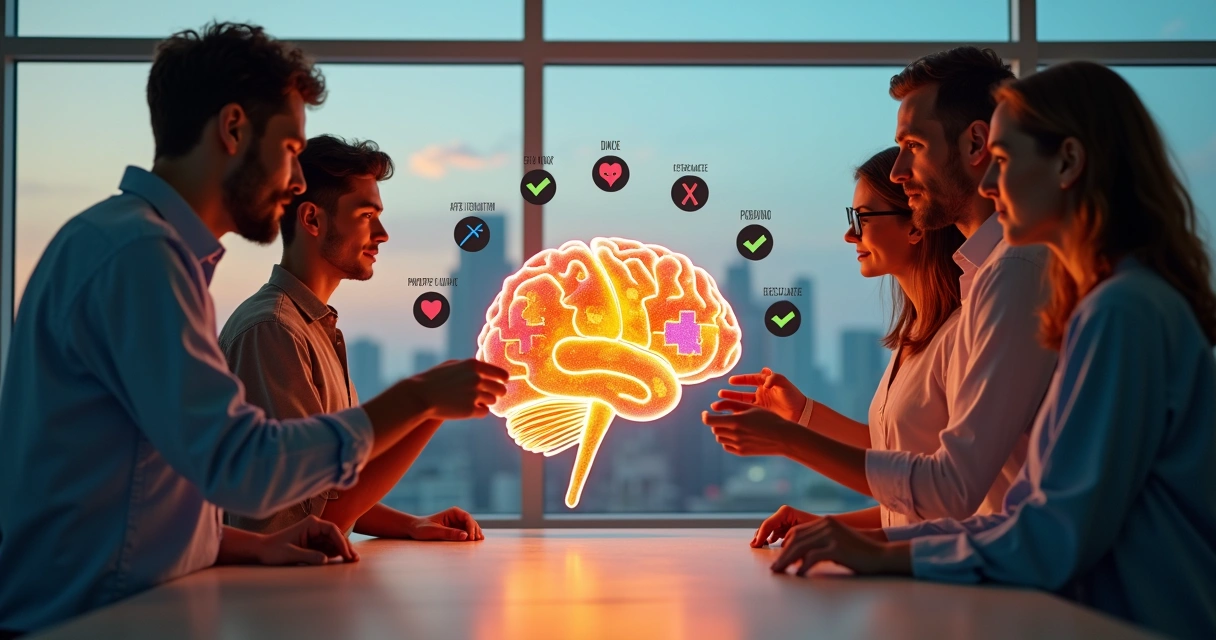 Personas diversas conectando piezas de un cerebro en un entorno urbano moderno 