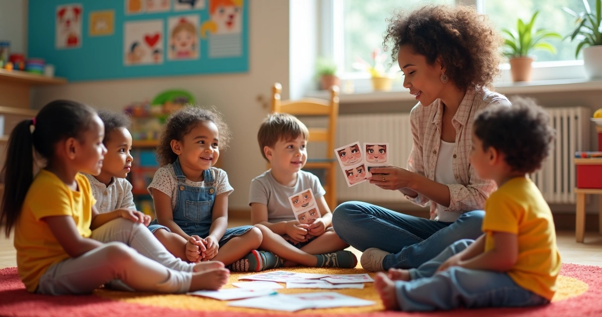 Niños pequeños en círculo con una maestra hablando sobre emociones 
